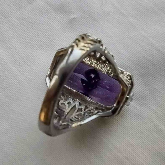Large  Silver Tone Clear Purple Stone Ring with CZ Accent / Antique Reproduction - Picture 14 of 14
